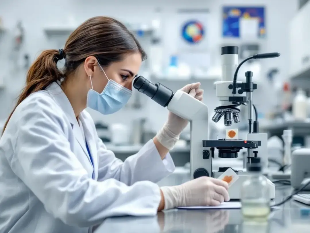 A veterinarian is examining a stool sample under a microscope, analyzing the dog's poop consistency and color to assess...