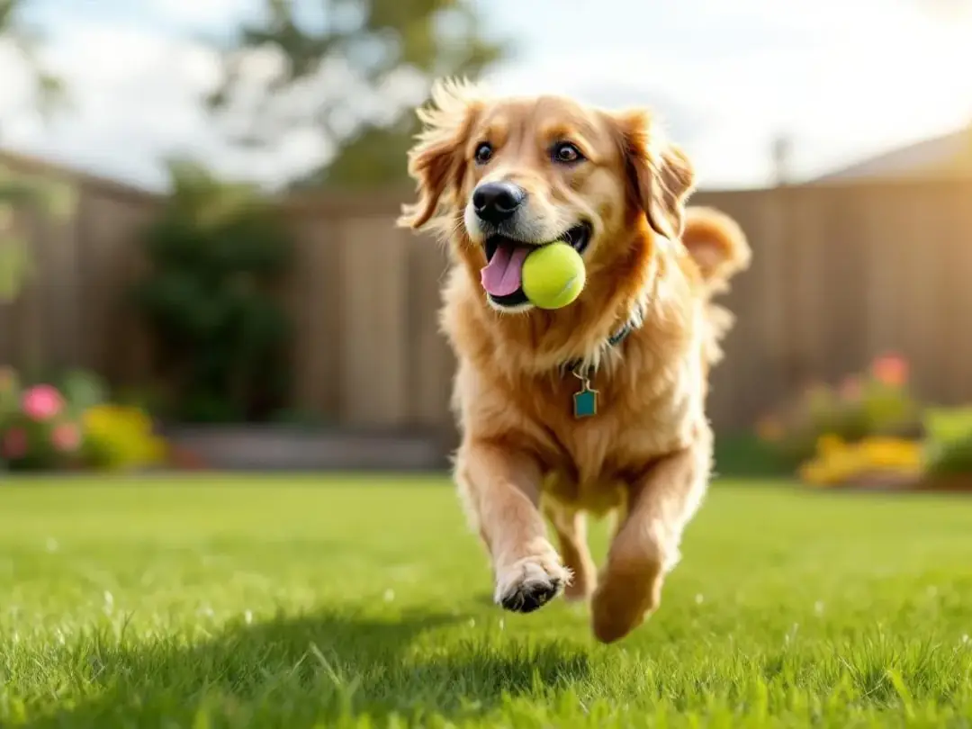 A happy, healthy dog is joyfully playing in a green yard after a successful vet visit, showcasing its vibrant energy...