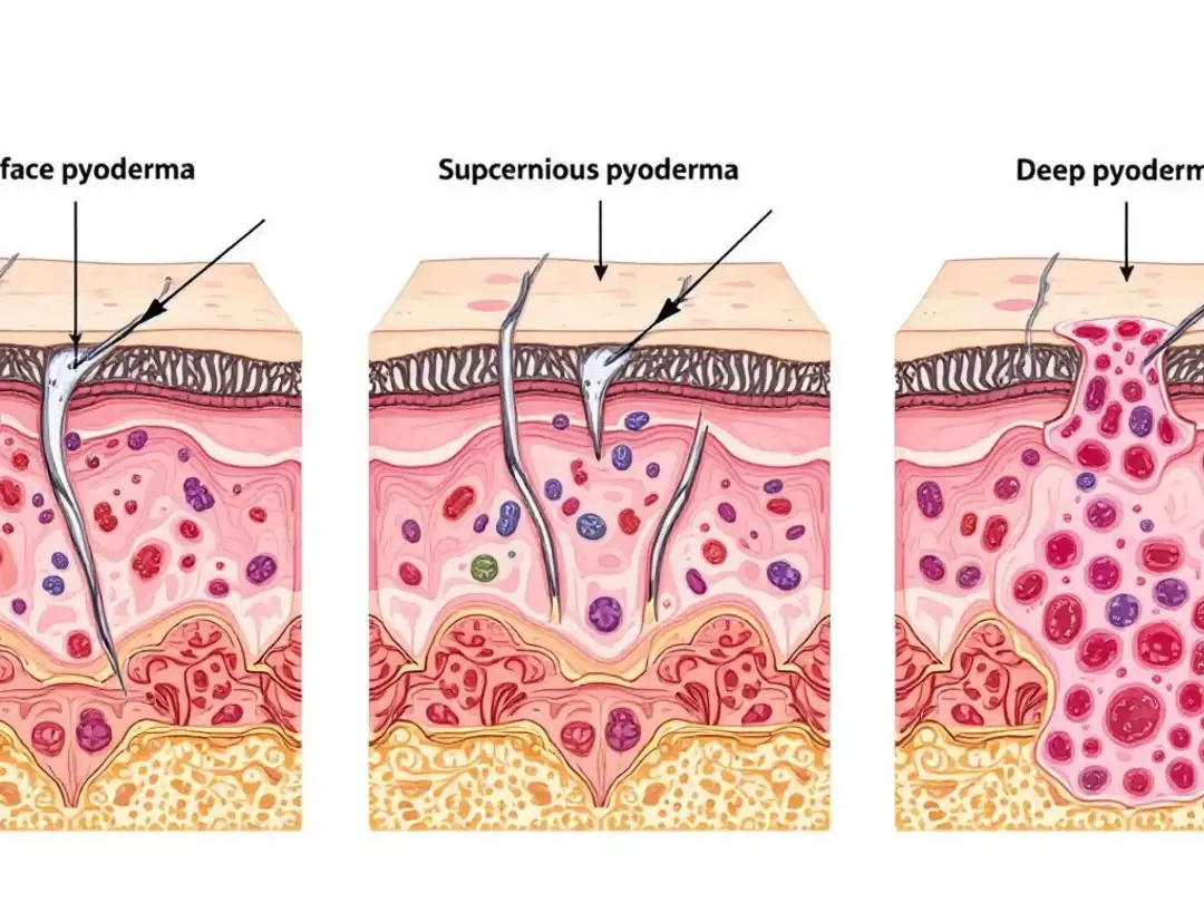 A detailed diagram illustrates a cross-section of dog skin, highlighting various layers impacted by surface...