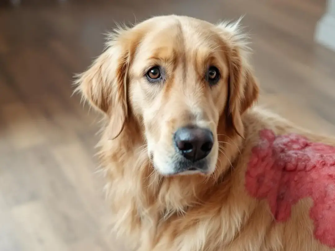 A Golden Retriever displays noticeable patchy hair loss and red skin lesions on its side, indicative of a possible...