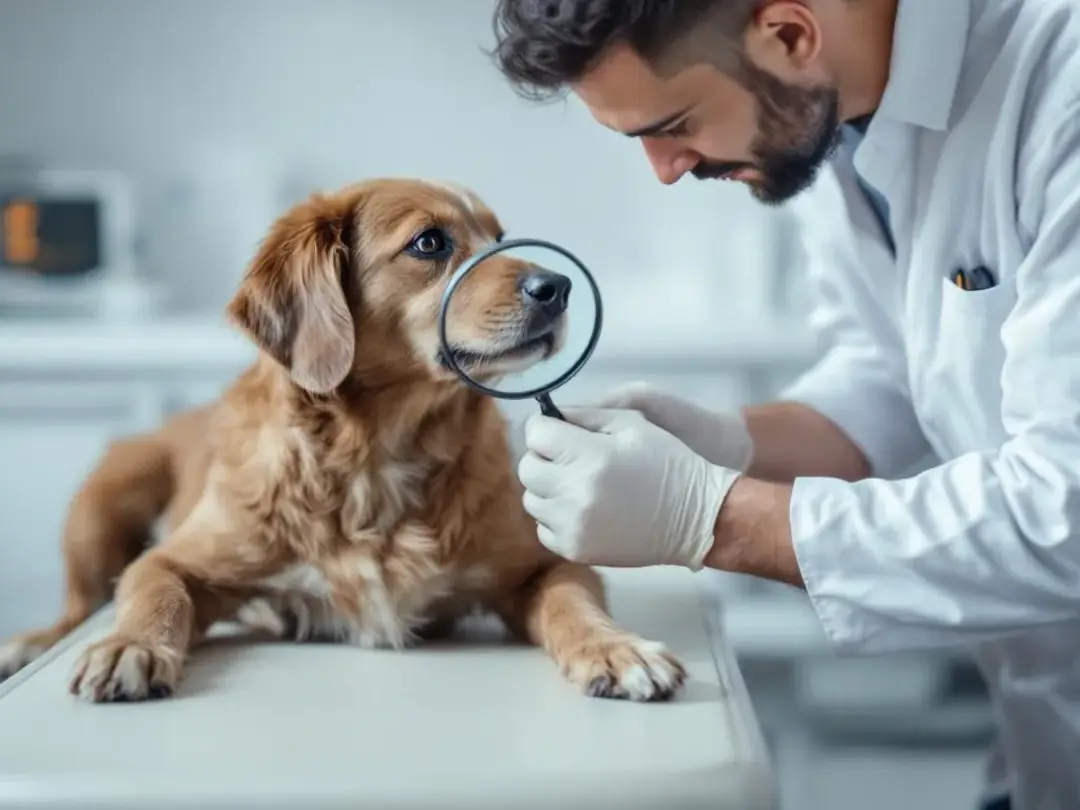 A veterinarian is closely examining a dog's skin with a magnifying glass while the dog sits calmly on an examination...