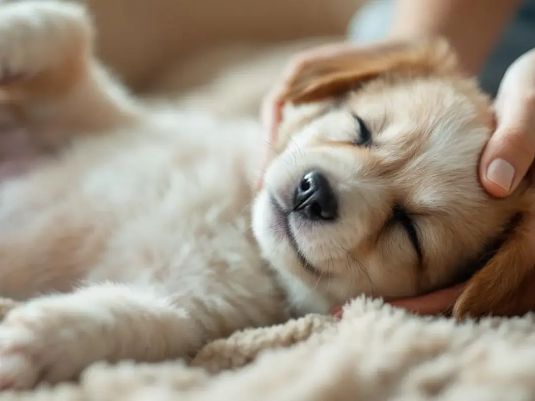 A young puppy is lying down, sighing peacefully as gentle human hands pet its soft fur, showcasing a relaxed state and...