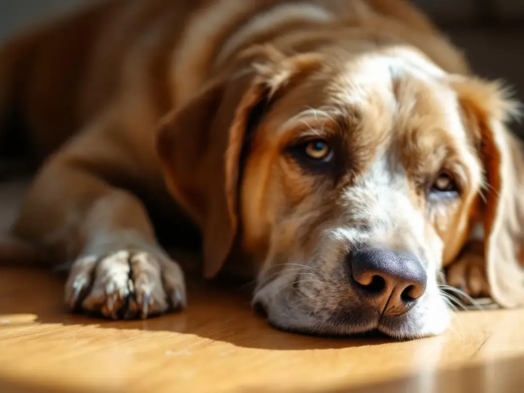 A senior dog with a gentle expression is carefully lowering itself to lie down, showcasing relaxed body language and a...