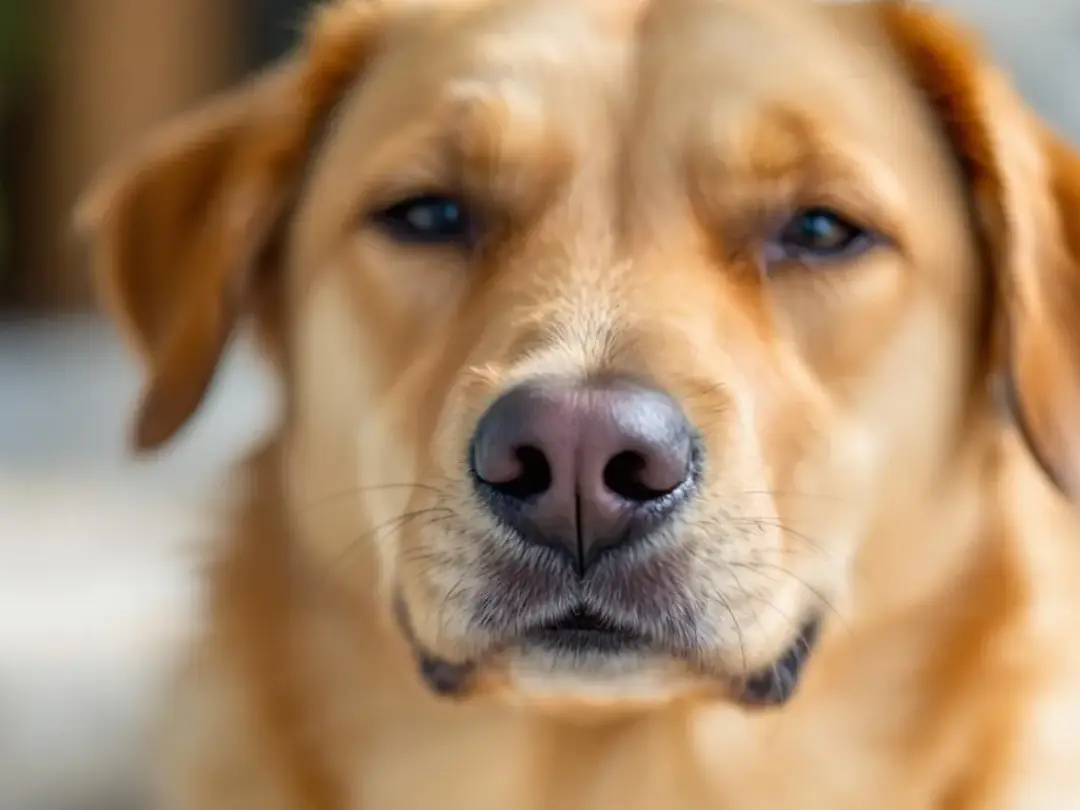 A close-up image captures a dog's peaceful facial expression, showcasing its relaxed body language and open eyes during...