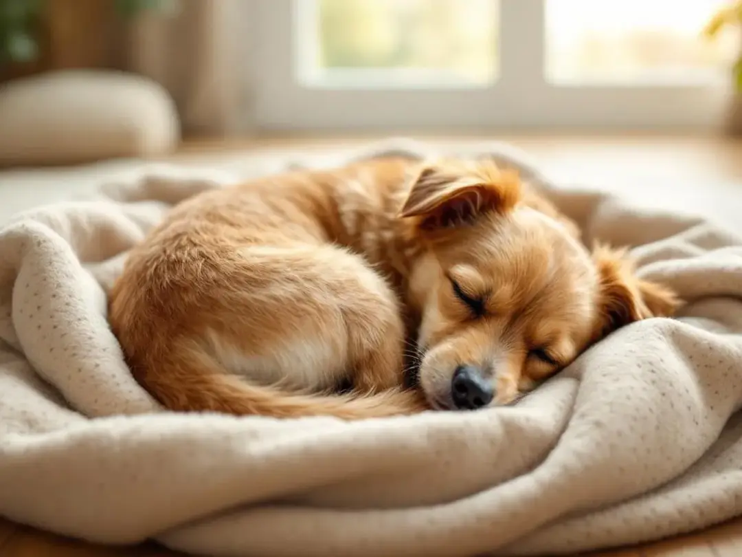 A small brown terrier sleeps curled up in a perfect circle on a cozy blanket, showcasing its comfortable sleeping...