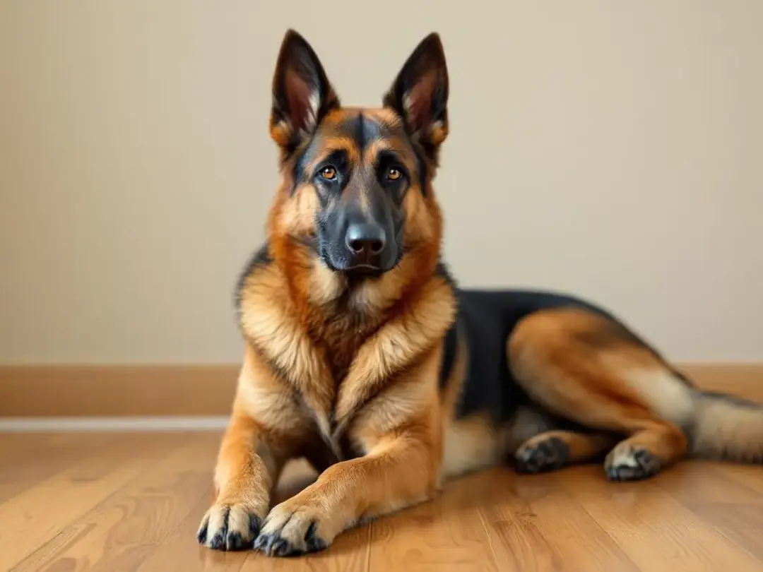 A German Shepherd is resting on a wooden floor in a sphinx pose, with its head and neck raised and an alert expression...