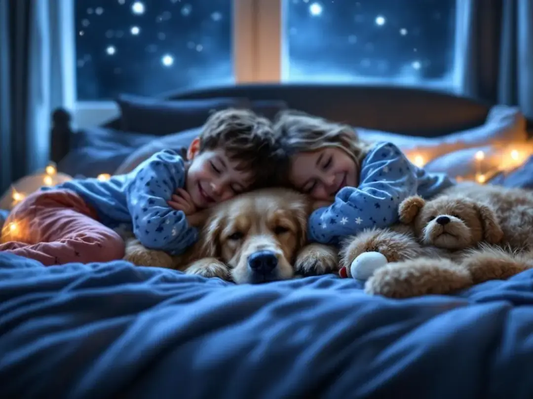 A happy family dog is snuggled comfortably between two children on a large bed, with its legs stretched forward in a...