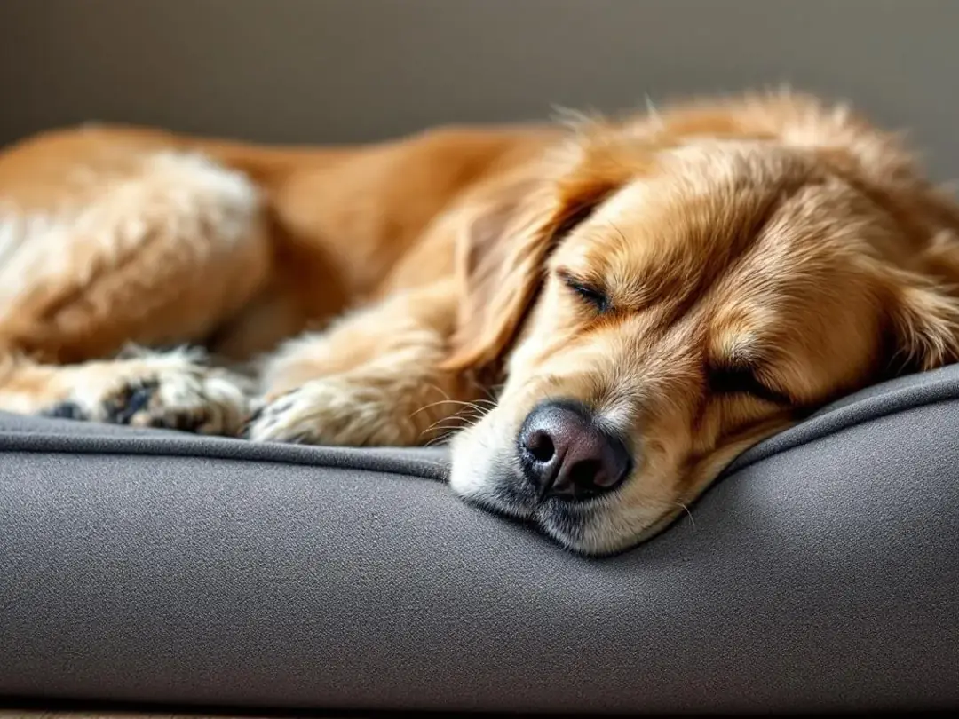 An elderly golden retriever is peacefully sleeping on an orthopedic dog bed, with its gray muzzle visible and legs...