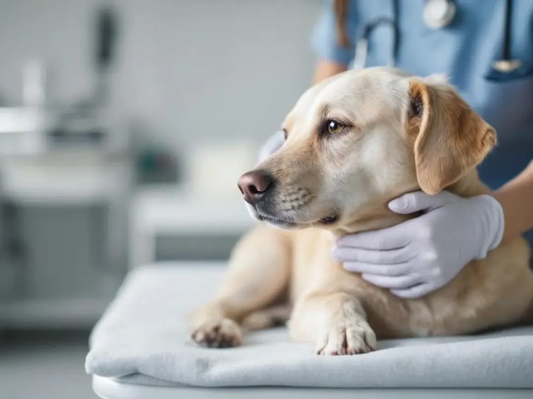 A calm dog is shown in side view during a veterinary examination, with the veterinarian gently feeling for swollen...