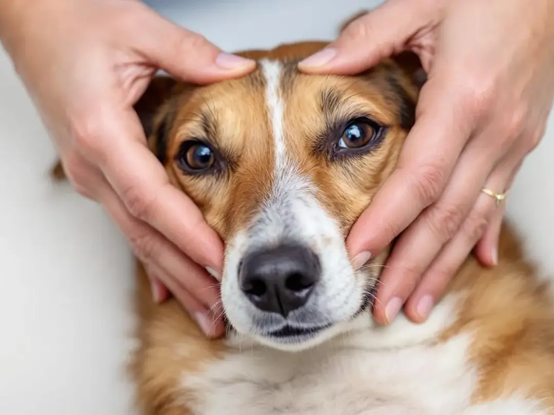 An overhead view shows hands gently palpating a medium-sized dog's submandibular lymph nodes, demonstrating the proper...