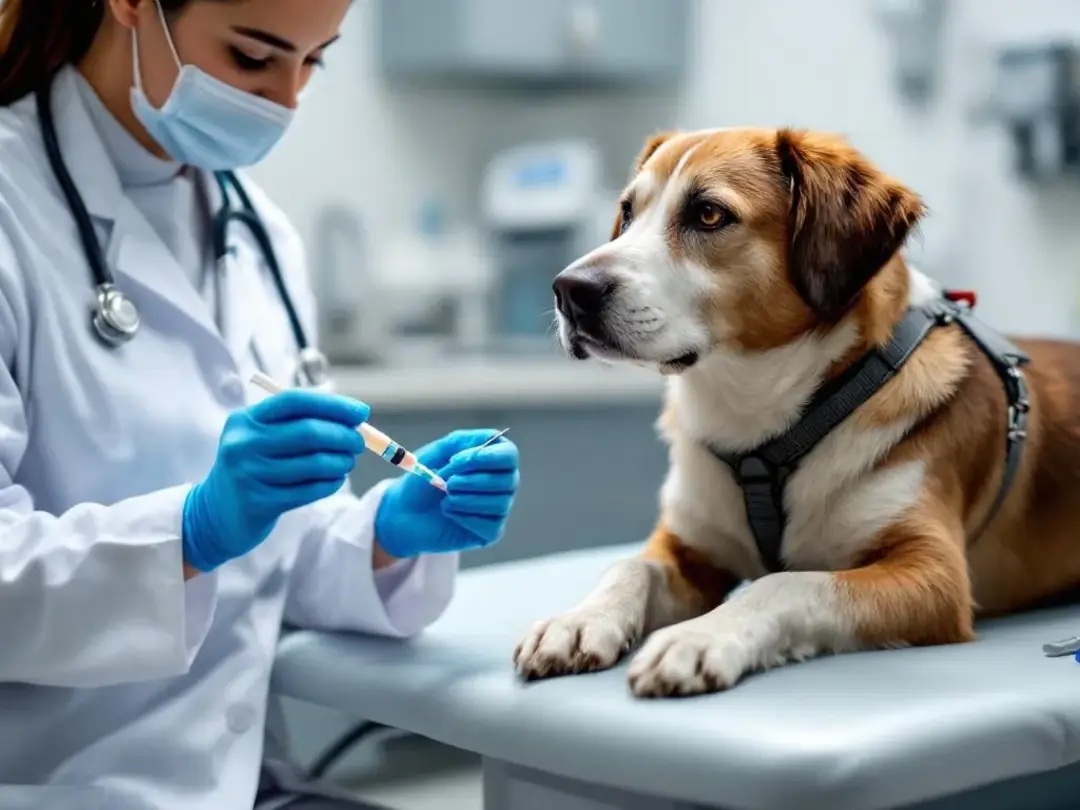 In a professional veterinary setting, a calm dog is lying on an examination table while a veterinarian prepares for a...