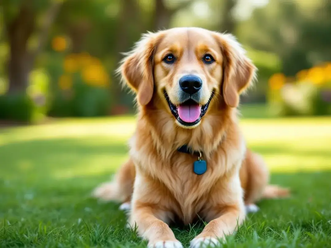 A happy golden retriever is sitting outdoors, looking healthy and alert after a successful veterinary checkup. The...