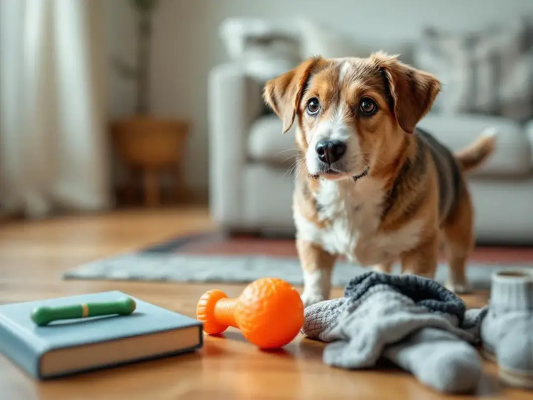 A one-year-old puppy is seen deciding between colorful chew toys designed for teething puppies and various household...