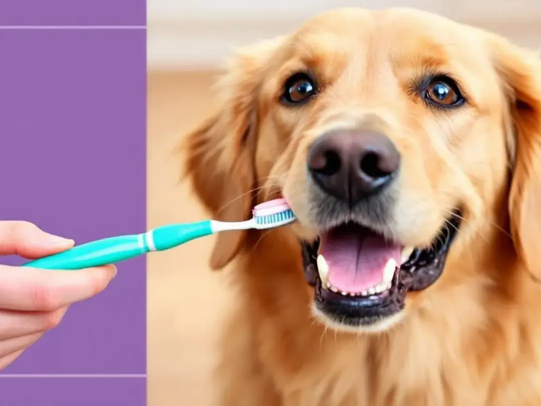 A dog is having its teeth brushed using a proper technique with dog-safe toothpaste, showcasing the importance of...
