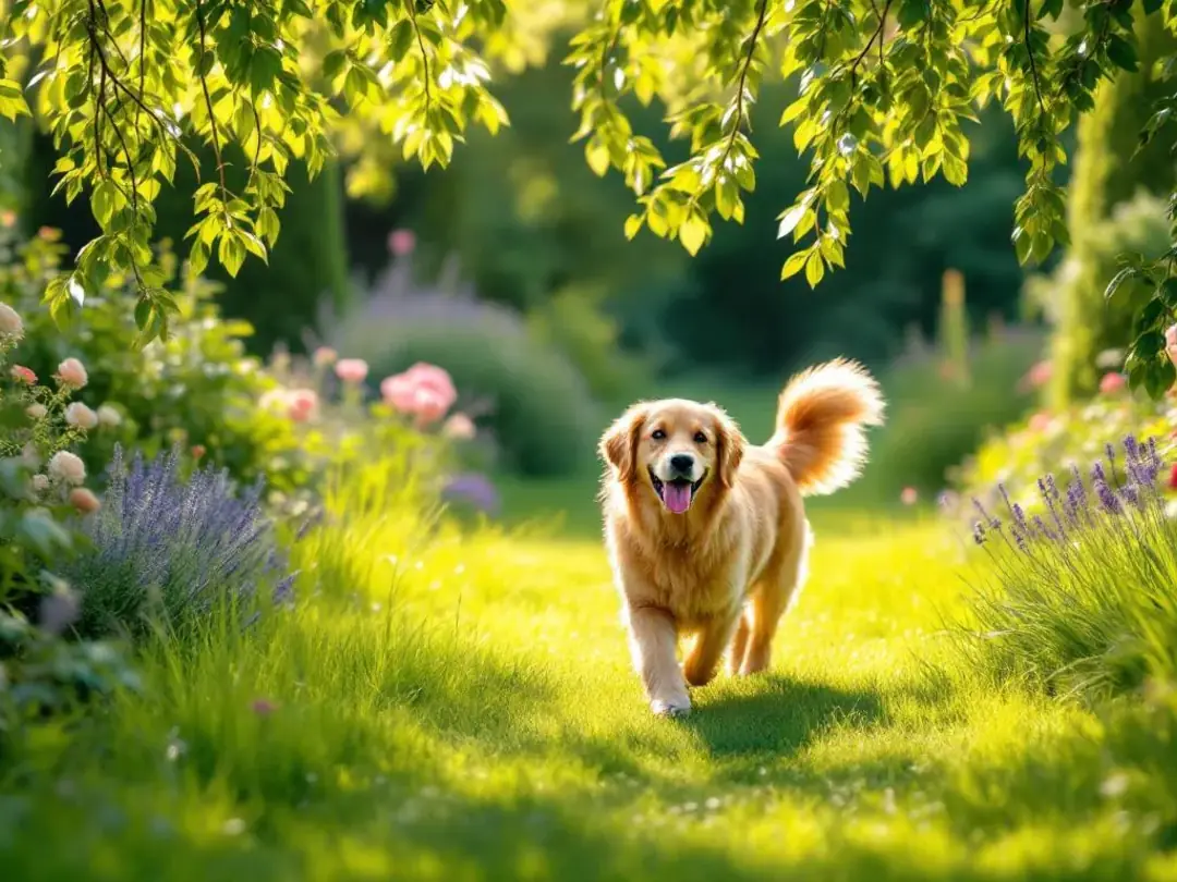 A dog, possibly a bull terrier, is peacefully walking under low hanging branches in a lush garden setting, embodying...