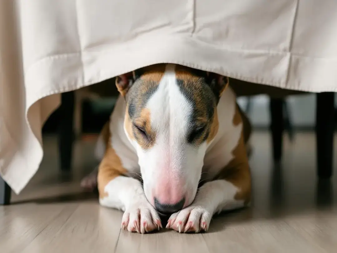 A Bull Terrier is seen in a trance-like state, standing under a low-hanging tablecloth, with its body still and...