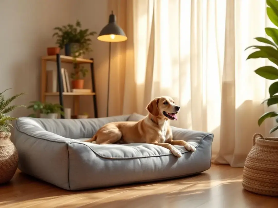 A cozy dog bed sits in a quiet corner of the room, where a sleeping dog twitches gently, possibly dreaming. The dog's...