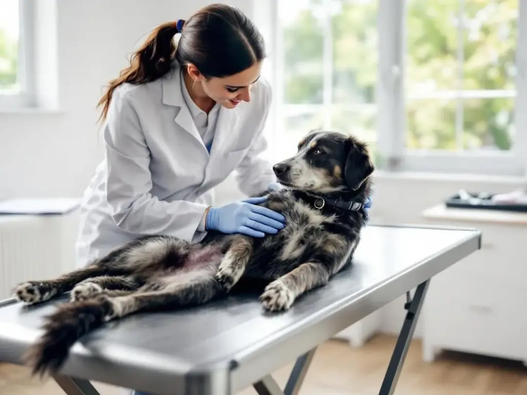 A veterinarian is gently examining a calm dog in a bright and clean office, ensuring the furry friend is healthy and...