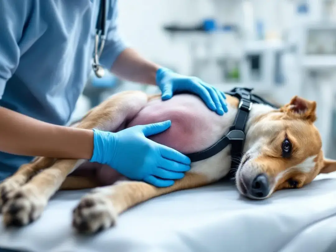 A veterinarian is closely examining a dog's genital area during a physical examination, which may help identify signs...