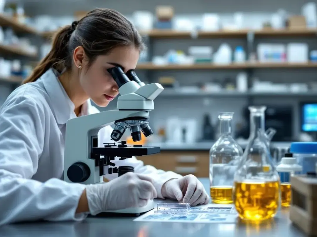 A laboratory technician is closely examining a urine sediment sample under a microscope, looking for signs of urinary...