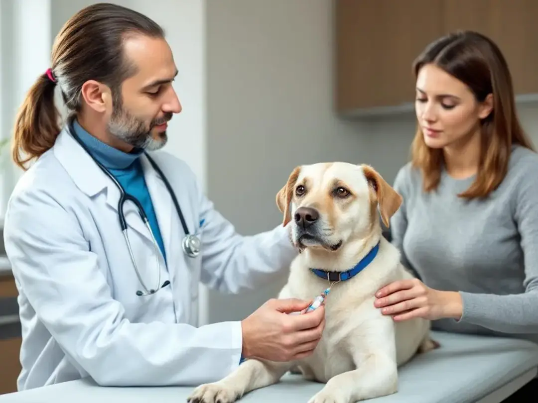 A veterinarian is seen administering medication to a dog while its owner observes attentively. This scene highlights...