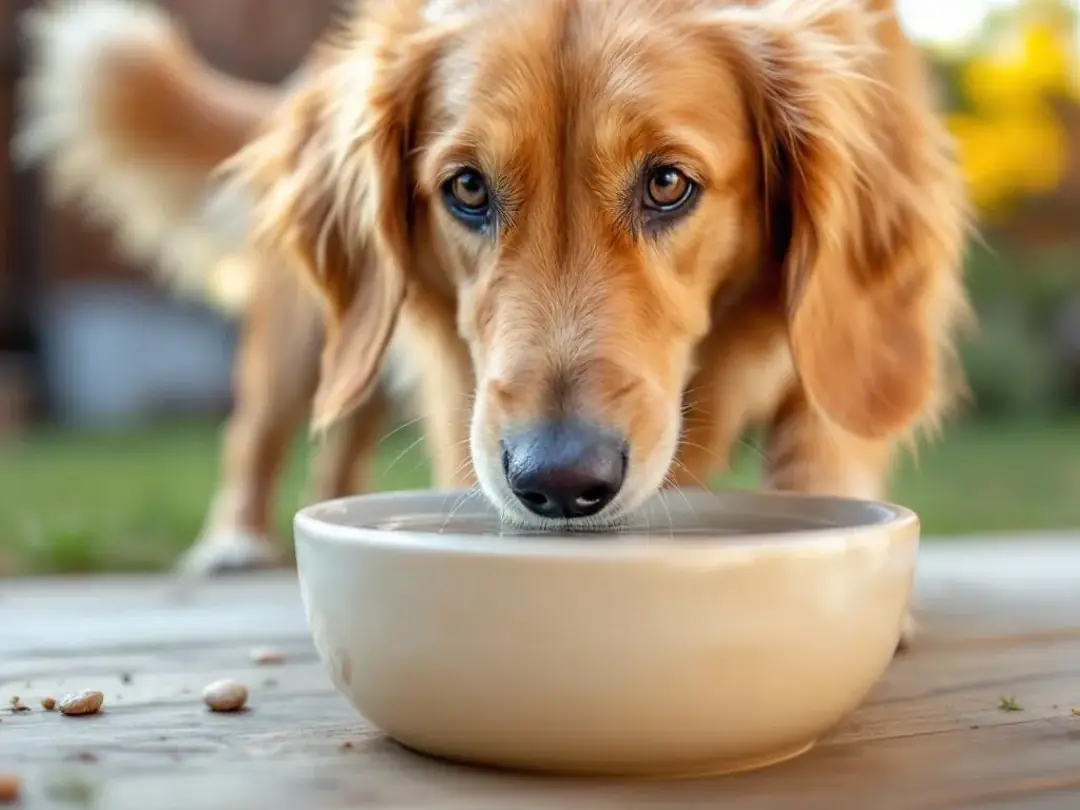 A happy dog is drinking water from a bowl outdoors, enjoying the fresh air and hydration. Keeping your dog's urinary...