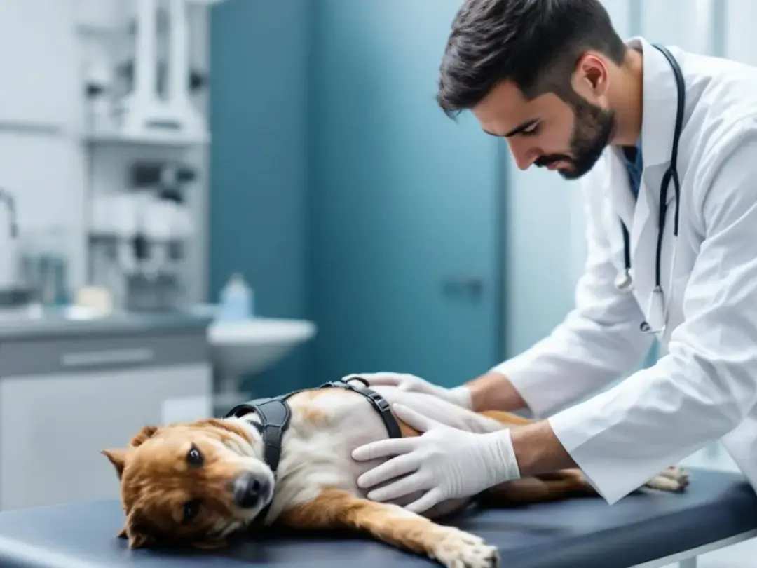 A veterinarian is examining a dog's abdomen during a medical consultation, likely assessing symptoms related to severe...