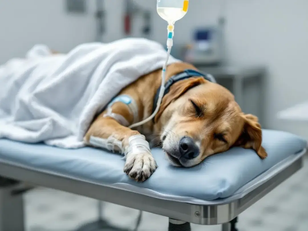 A dog is receiving IV fluid therapy at a veterinary hospital, with a veterinary technician monitoring its condition...