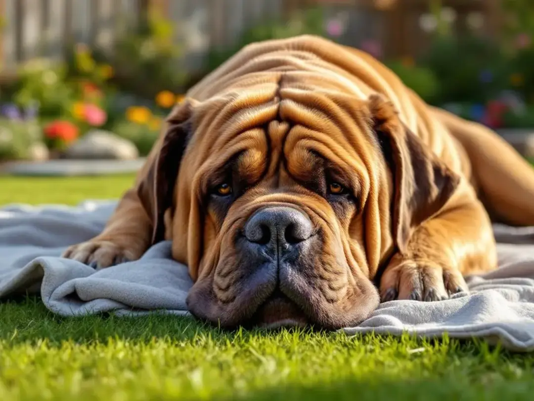 A large, muscular mastiff-type dog with a characteristic wrinkled face and deep wrinkles is resting peacefully in a...