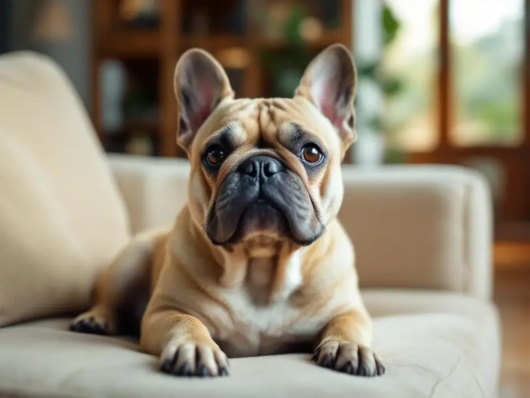 A small French Bulldog with a characteristic wrinkled face and deep facial wrinkles is comfortably sitting on a couch...