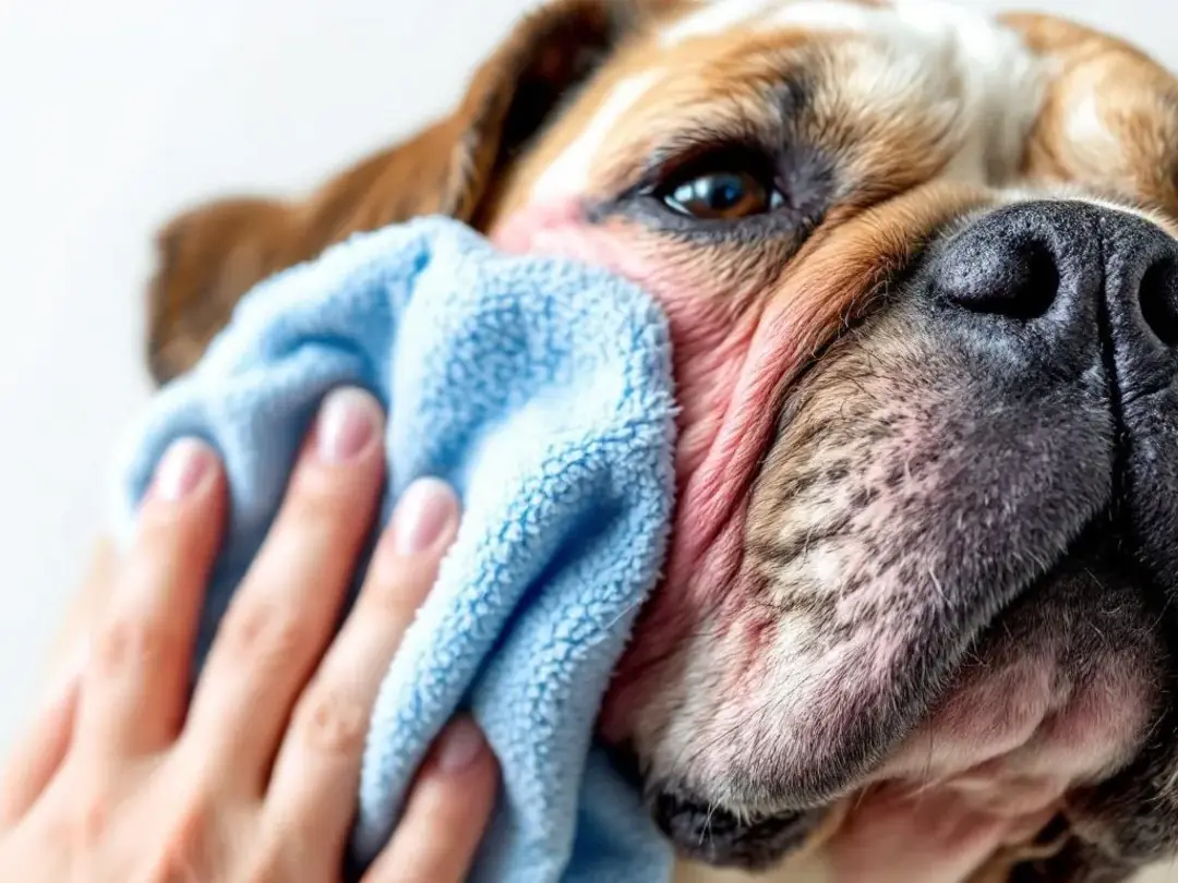 A close-up image demonstrates the proper technique for cleaning the skin folds of a wrinkly dog, showcasing a basset...