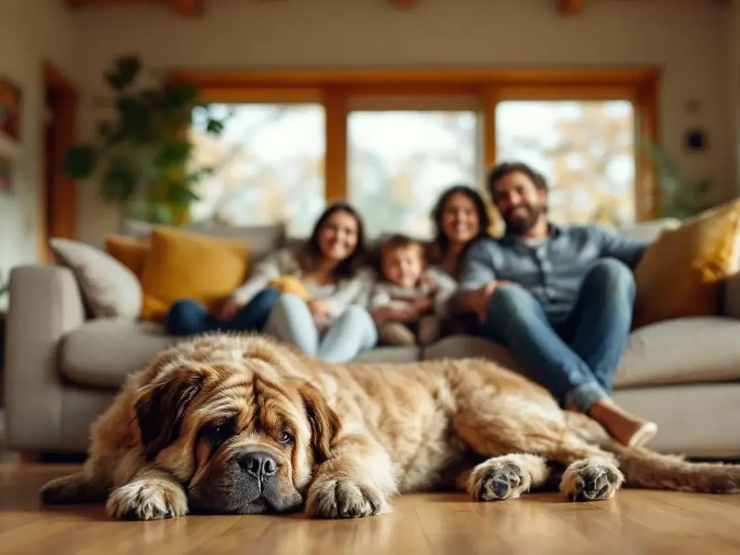 A happy family is relaxing together in their cozy living room, accompanied by their large, wrinkly dog with deep skin...