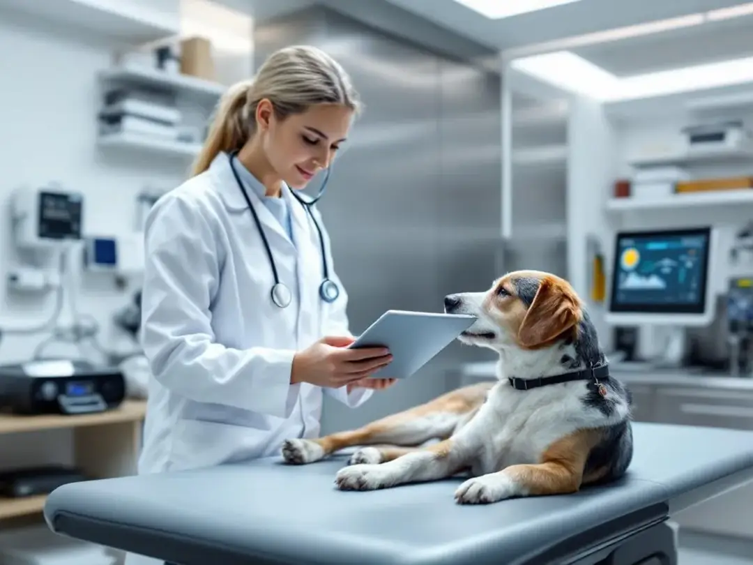 A veterinarian is examining a dog using modern scientific equipment, focusing on the dog's health and age, which can be...