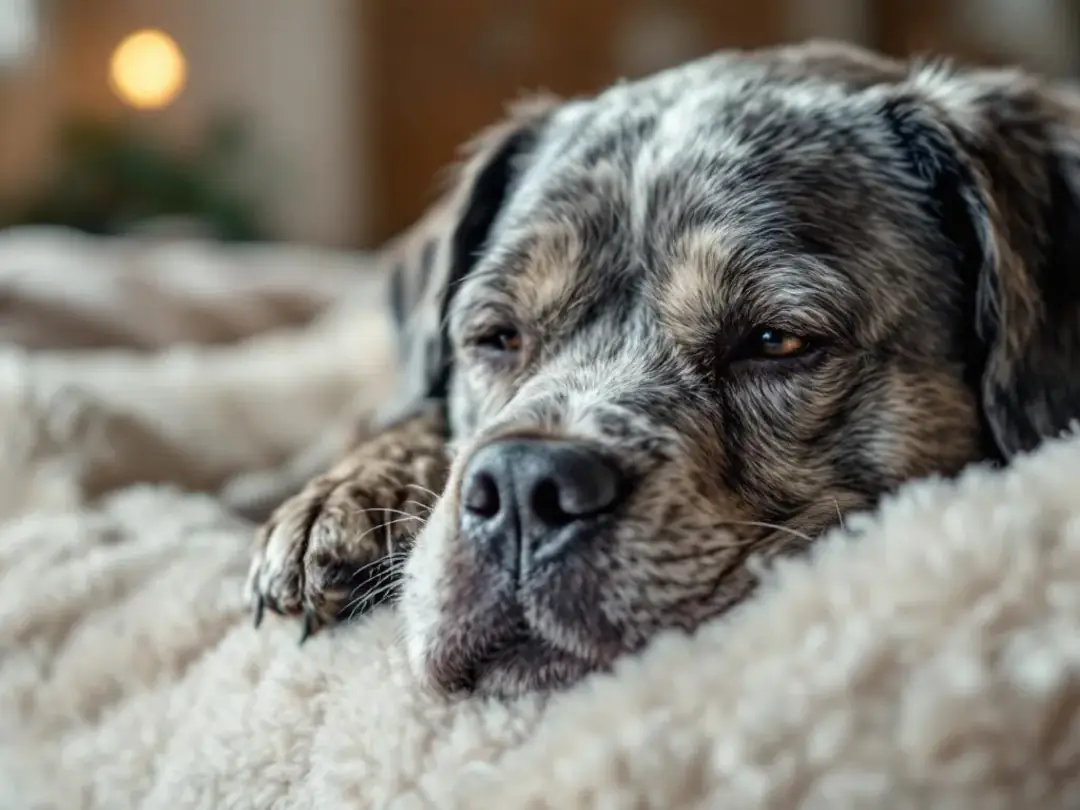 A senior dog with gray hair is peacefully resting on a soft bed, embodying the comfort of its later years, which can be...
