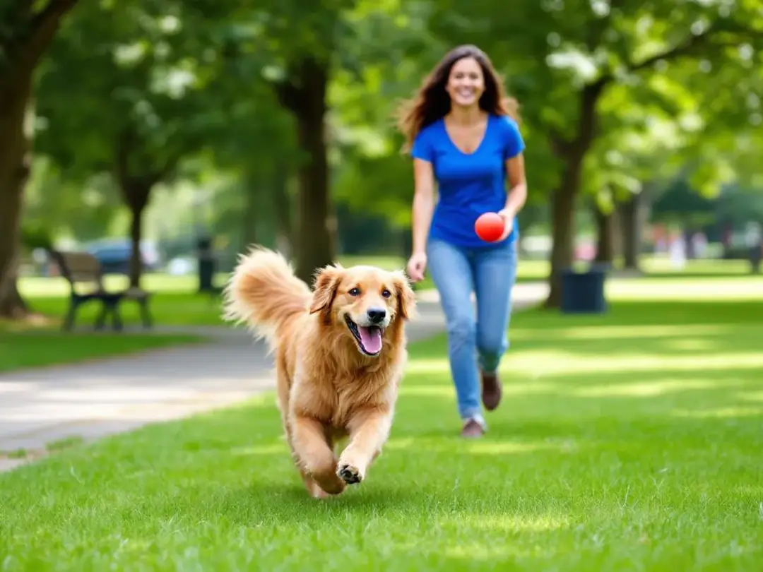 A joyful dog, possibly a Labrador Retriever, is energetically playing fetch in a sunny park with its owner, showcasing...