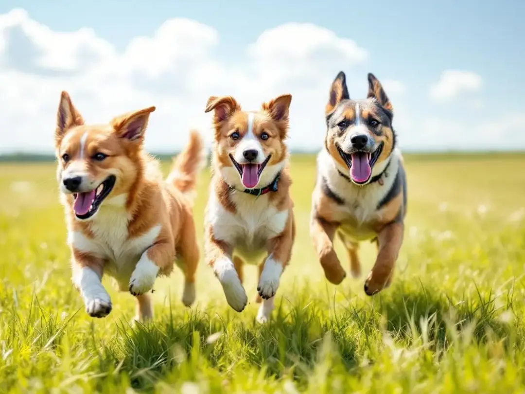 In a sunny field, three energetic dogs, including a golden retriever, are joyfully running and playing together...