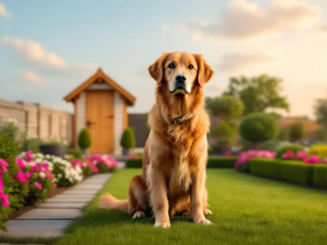 A calm, well-groomed golden retriever sits peacefully in a tidy garden filled with purple lucky flowers, embodying the...