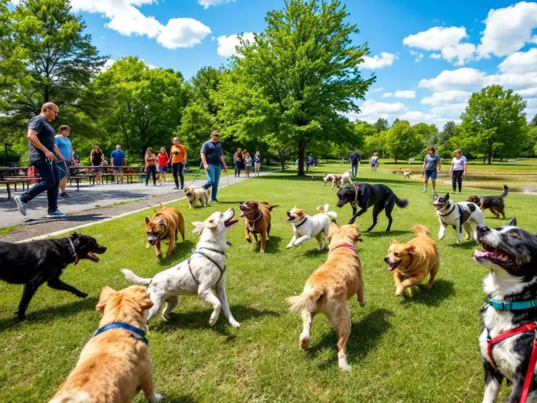 In a bustling dog park, several dogs of various breeds, including a golden retriever and a shiba inu, are energetically...