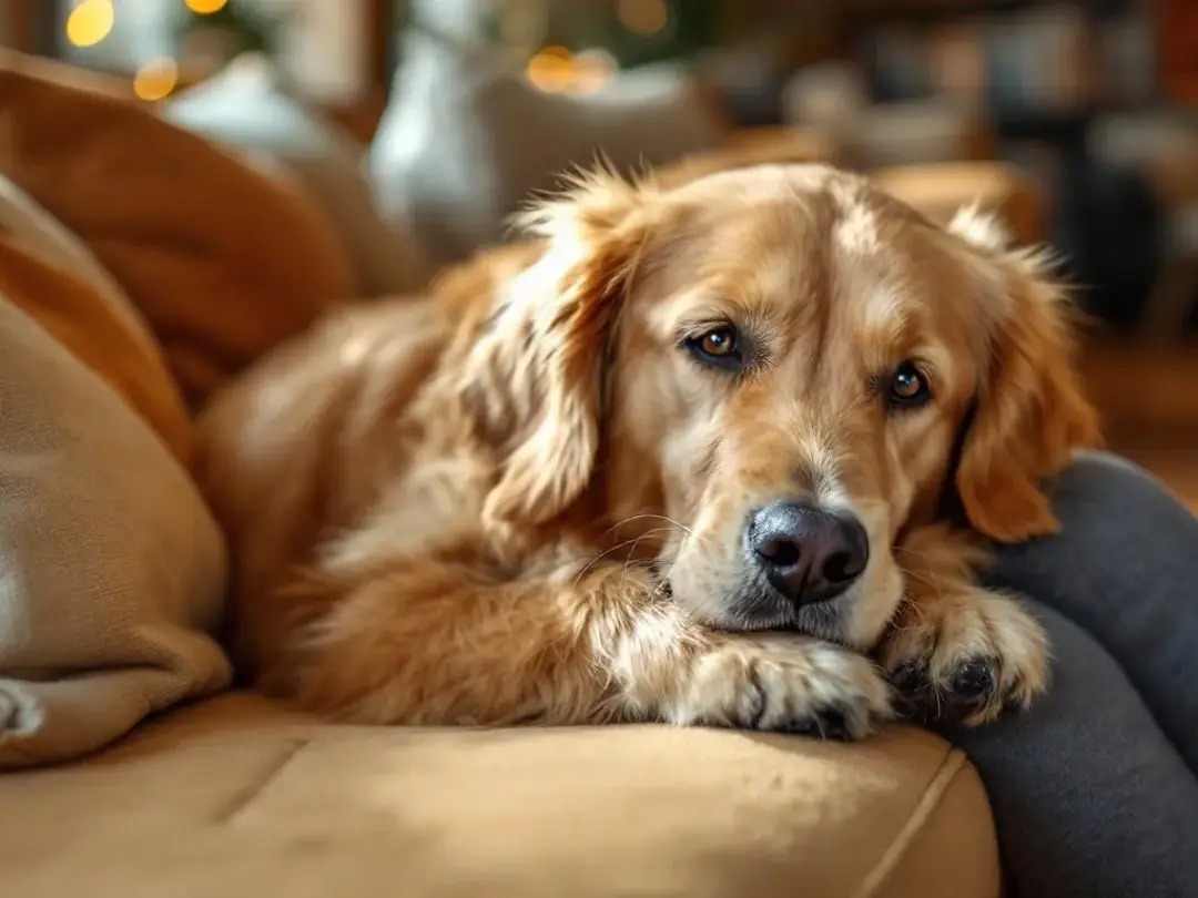 A gentle golden retriever cuddles closely to a person on a comfortable couch, showcasing the deep bond between pet...