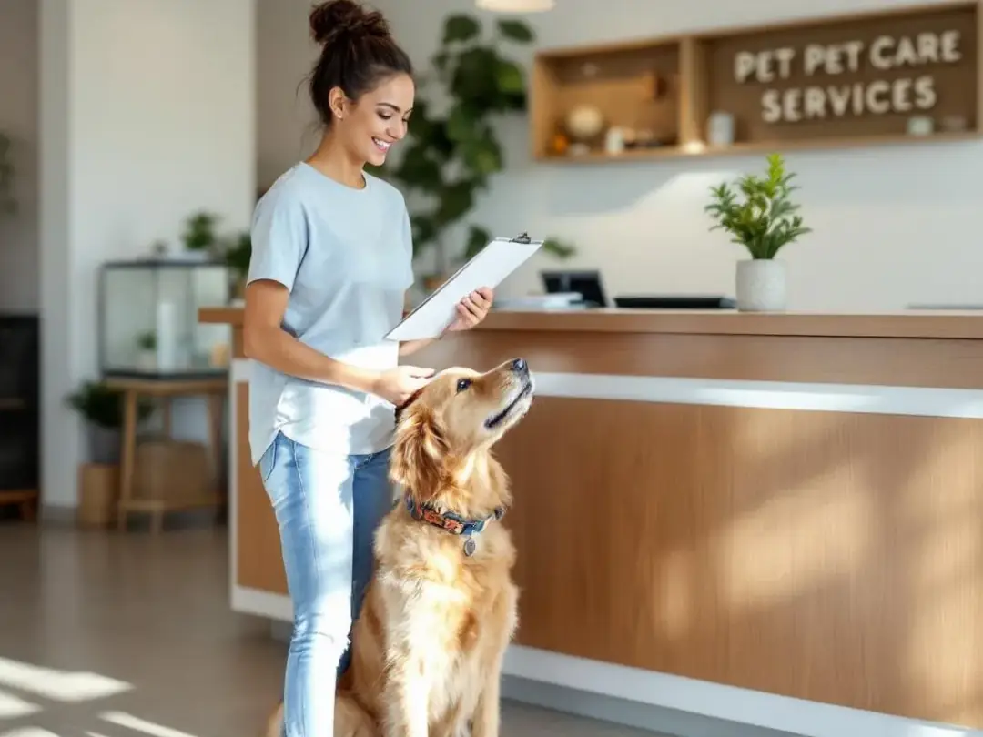 In the image, a pet parent is at the reception desk of a dog daycare, purchasing a discount package while their dog...