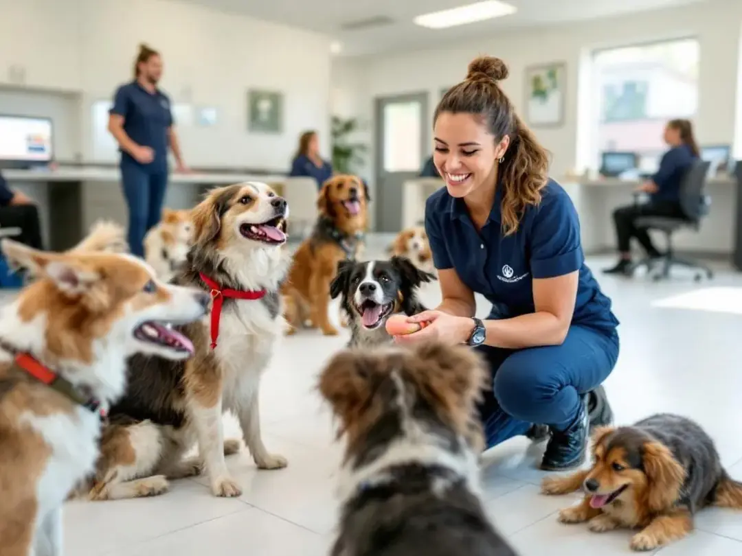 In a bright and clean dog daycare facility, a professional staff member engages with a group of happy dogs during...