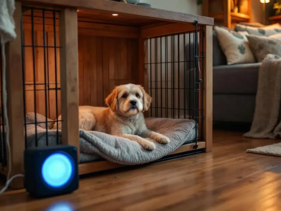 A cozy dog crate setup features soft bedding designed to create a safe space for an anxious dog, while calming music...