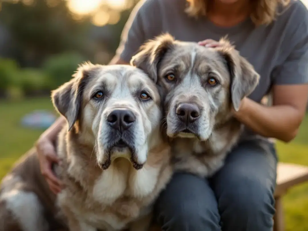 A senior dog with a graying muzzle sits calmly next to its owner, embodying a peaceful companionship that highlights...
