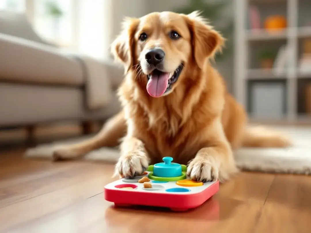 A happy dog is joyfully engaging with a colorful puzzle toy, showcasing positive mental stimulation and playful energy...