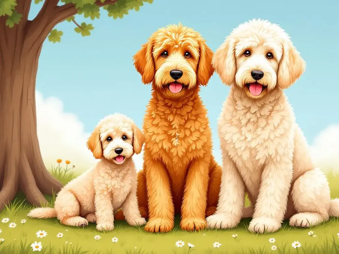 In this image, various doodle breeds, including goldendoodles and poodles, are sitting together, showcasing their size...