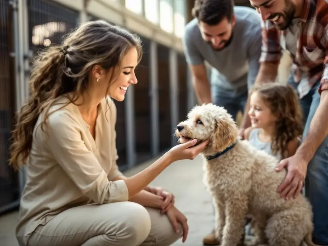 An adoption counselor is warmly introducing a family to a friendly doodle at a rescue facility, highlighting the dog's...
