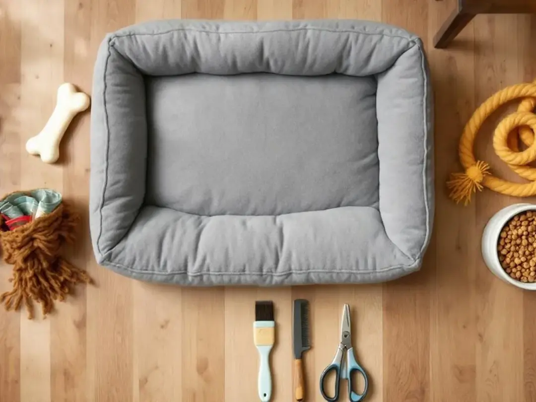 The image depicts a cozy home setup featuring a plush dog bed, colorful toys, grooming supplies, and food bowls neatly...