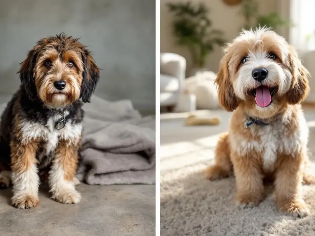 The image features a rescue doodle's remarkable transformation, showcasing a side-by-side comparison of the dog before...