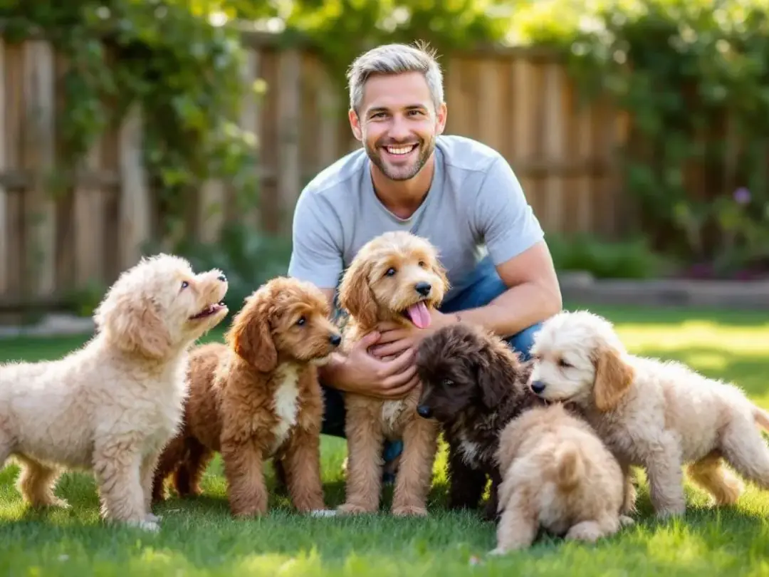 The image shows a joyful poodle parent surrounded by a litter of mixed breed puppies, highlighting the foundation of...