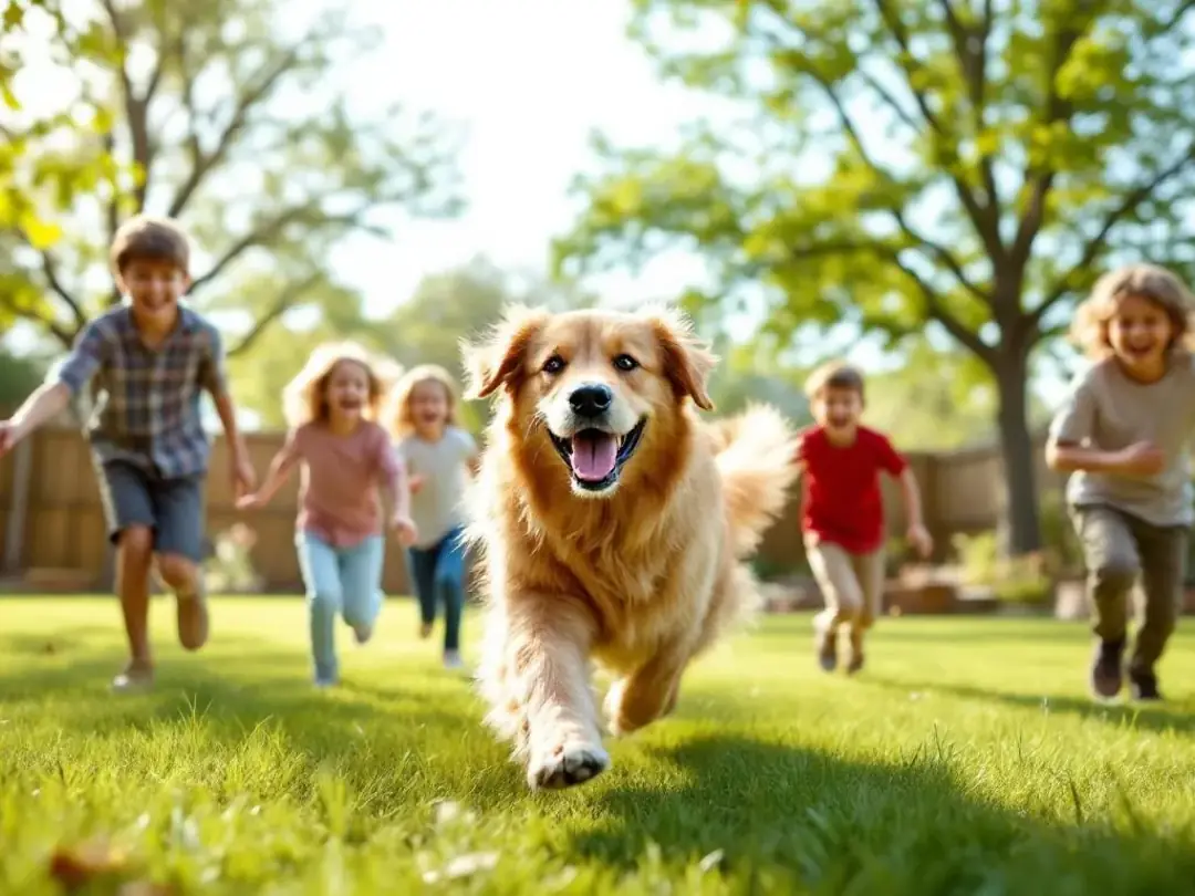 A large Goldendoodle is joyfully playing with children in a spacious yard, showcasing its playful and friendly nature...